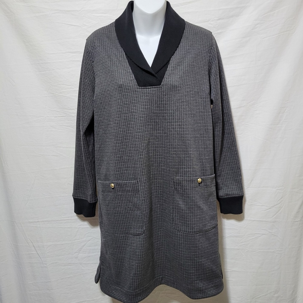 Tuckernuck Grey Micro Check Shawl Collar Shift Dress Sz S Elbow Patches Preppy